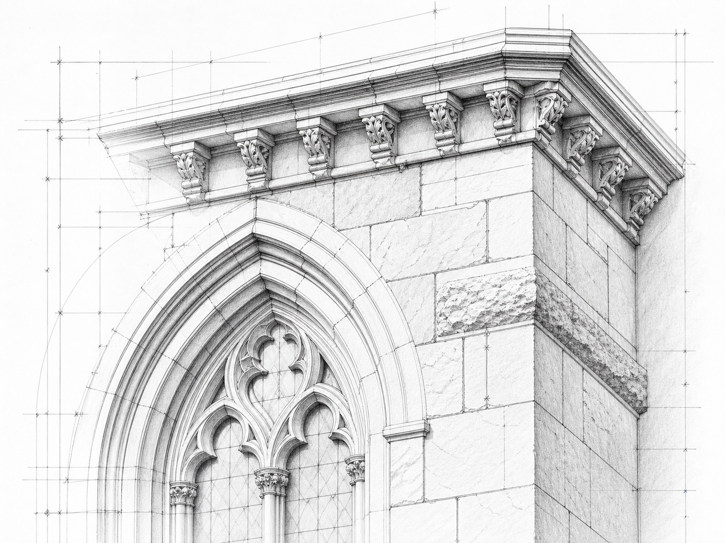 Detailed graphite study of a Gothic limestone window corner and cornice