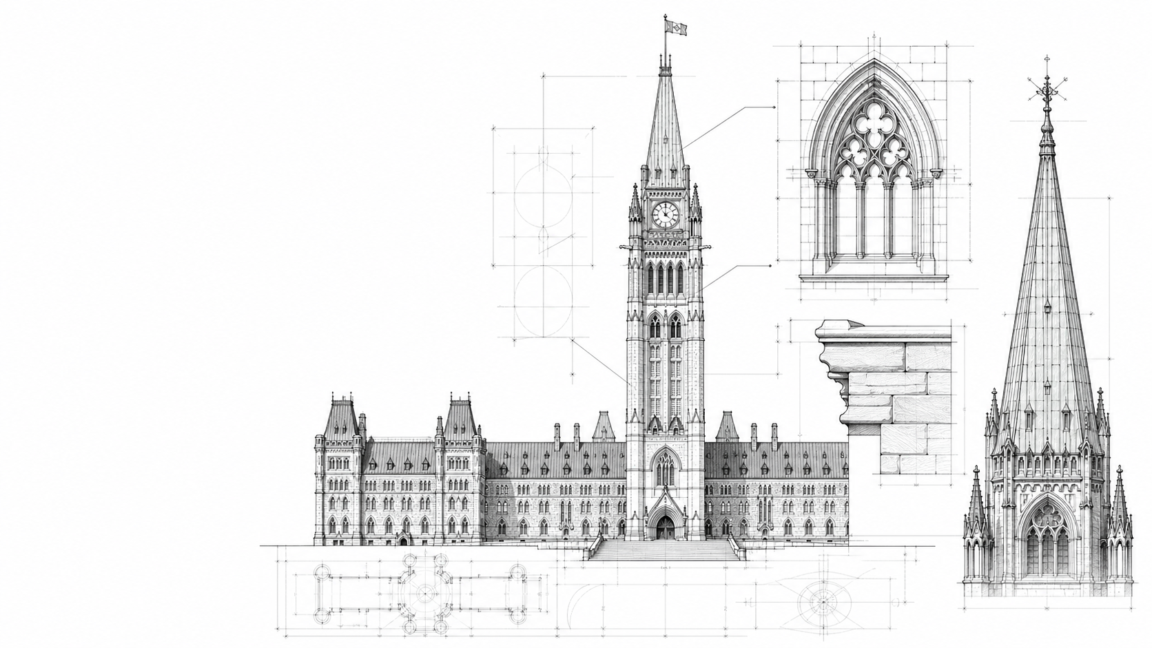 Architectural line drawing inspired by Ottawa Parliament Hill and Peace Tower details