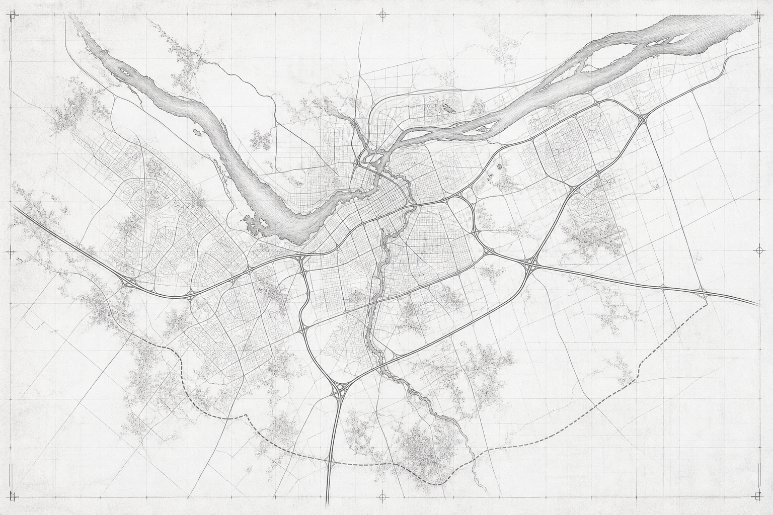 Blueprint-style regional map of Ottawa service areas