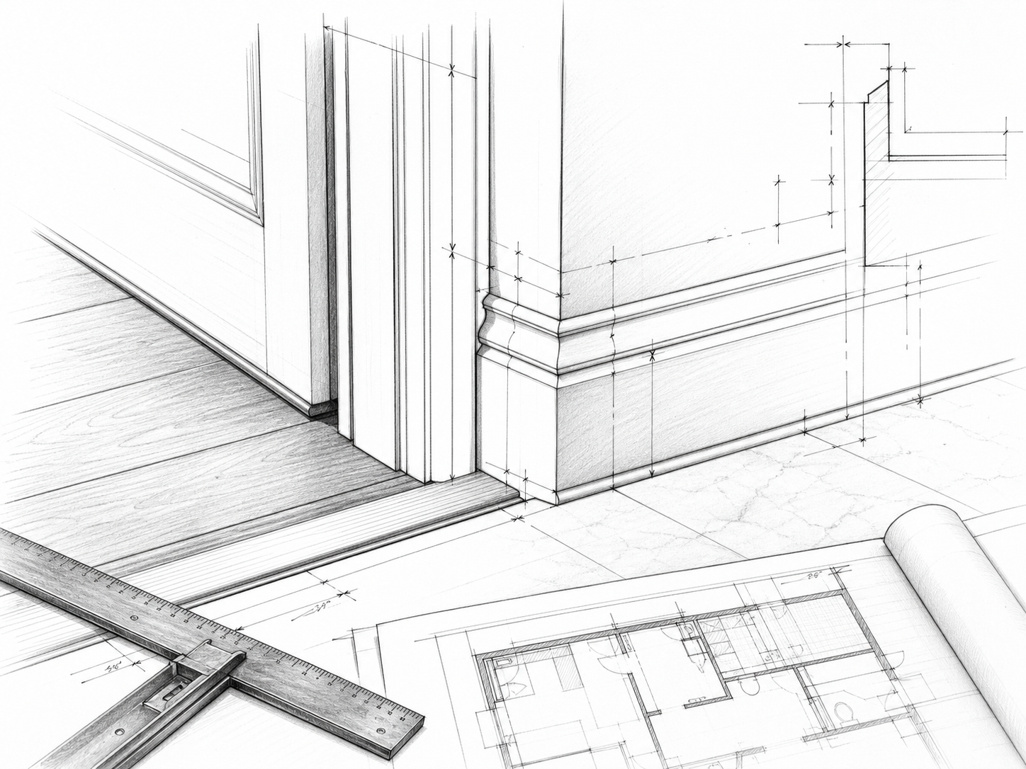 Graphite renovation detail showing a doorway, trim, floor transition, and measurement tools
